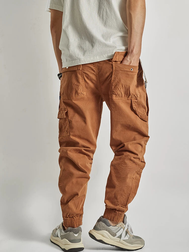 Autumn New American Retro Woven Cargo Pants Men's 97.5% Cotton Washed Elastic Waist Drawstring Loose Casual Anke-tied Trousers
