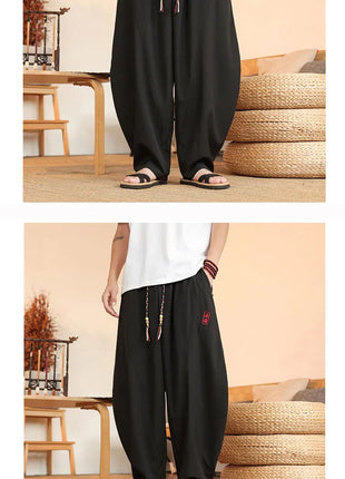 Pantaloni neri da uomo estivi leggeri e larghi in stile retrò giapponese, pantaloni harem casual traspiranti e comodi con elastico in vita