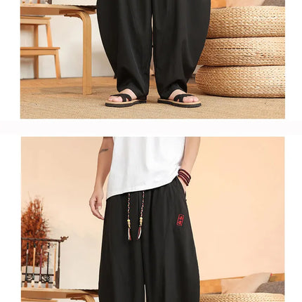Pantaloni neri da uomo estivi leggeri e larghi in stile retrò giapponese, pantaloni harem casual traspiranti e comodi con elastico in vita
