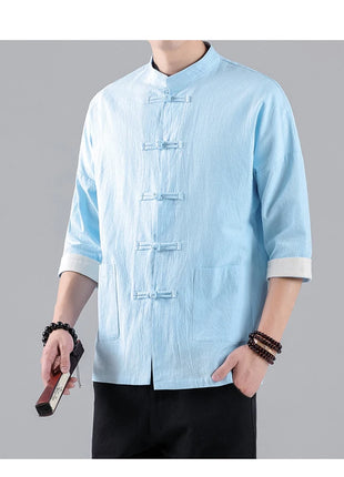 Camicie in Stile Cinese per Uomo, Top Tradizionale Tang in Lino a Mezza Manica, Camicia Kung Fu Hanfu Vintage Casual, Taglie Grandi fino a 5XL