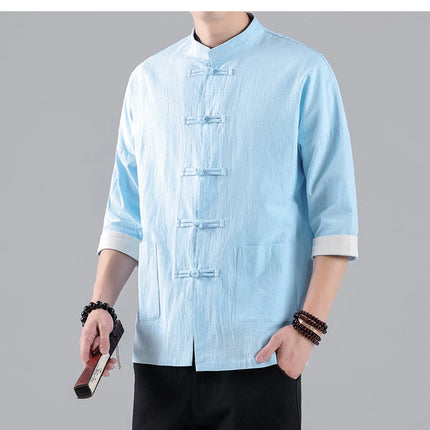 Camicie in Stile Cinese per Uomo, Top Tradizionale Tang in Lino a Mezza Manica, Camicia Kung Fu Hanfu Vintage Casual, Taglie Grandi fino a 5XL