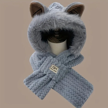 1Pc Women Cat Ear Pom‑Pom Beanie Hat, Soft Fleece‑Lined Winter Cute Animal‑Themed Festival Cap for Christmas Gifts
