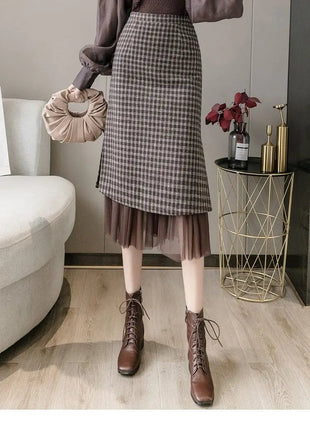 Woolen plaid skirt autumn and winter 2025 new plaid foreign style small man a word hip wrap medium and long skirt PlatiNum