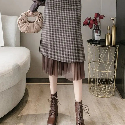 Woolen plaid skirt autumn and winter 2025 new plaid foreign style small man a word hip wrap medium and long skirt PlatiNum