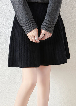 Korean Skirt 100% Merino Wool Women's Knitted Mini Skirt Autumn and Winter Women's Fashion Solid Color Small Umbrella Skirt PlatiNum