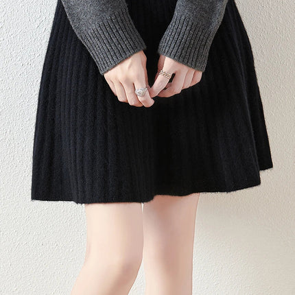 Korean Skirt 100% Merino Wool Women's Knitted Mini Skirt Autumn and Winter Women's Fashion Solid Color Small Umbrella Skirt PlatiNum