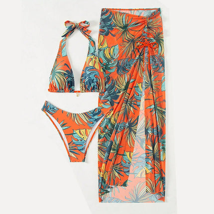 Nuovo Costume da Bagno con Stampa Tropicale, Bikini a Tre Pezzi con Inserti in Rete PlatiNum