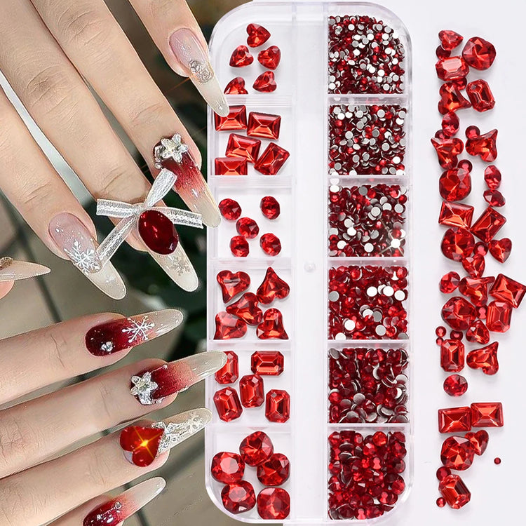 12 Grids 3D Pink Valentine's Diamond for Nails Art Bling Love Heart Oval Square Glass Rhinestones DIY Manicure Decorations