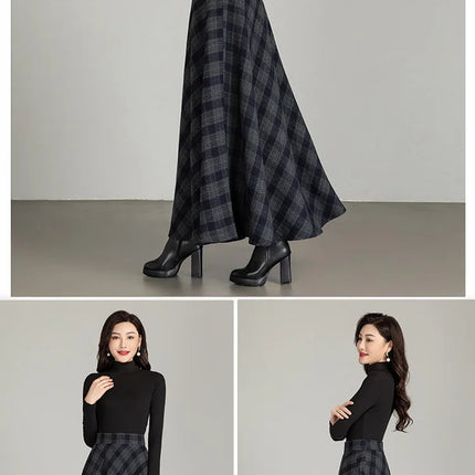 New Women Thick Woolen Skirt Autumn Winter Fashion Elastic High Waist A-Line Long Plaid Skirt Elegant Easy Match Wool Skirt PlatiNum