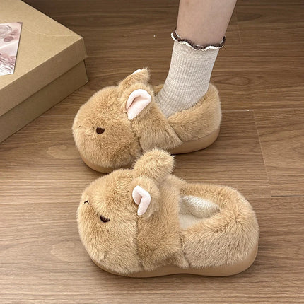 New Cute 3D Rabbit Furry Slippers Women Winter Warm Plush Closed Back House Shoes Non Slip Bunny Indoor Flip Flops Home Slipper