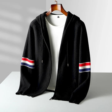 Autumn And Winter New Thick Zipper Hooded Cardigan 100% Merino Wool Knitted Sweater Casual Loose Warm Men's Sleeve Striped Coat.
