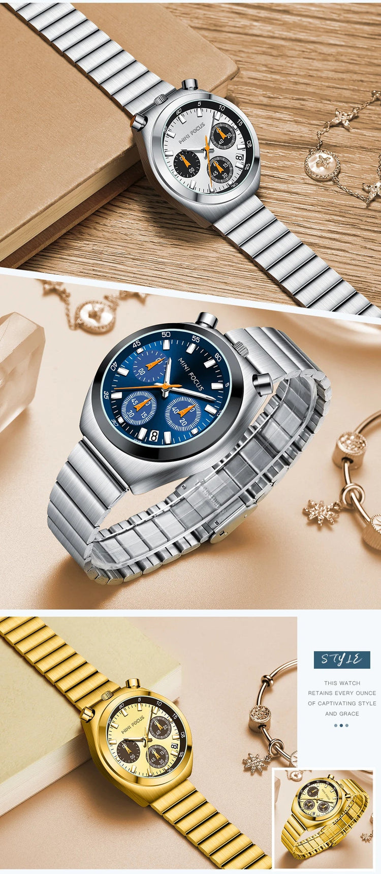 MINI FOCUS Orologio al quarzo verde argento per donna Orologio da polso cronografo con cinturino in acciaio inossidabile moda con lancette luminose Data 0491 platinumshop