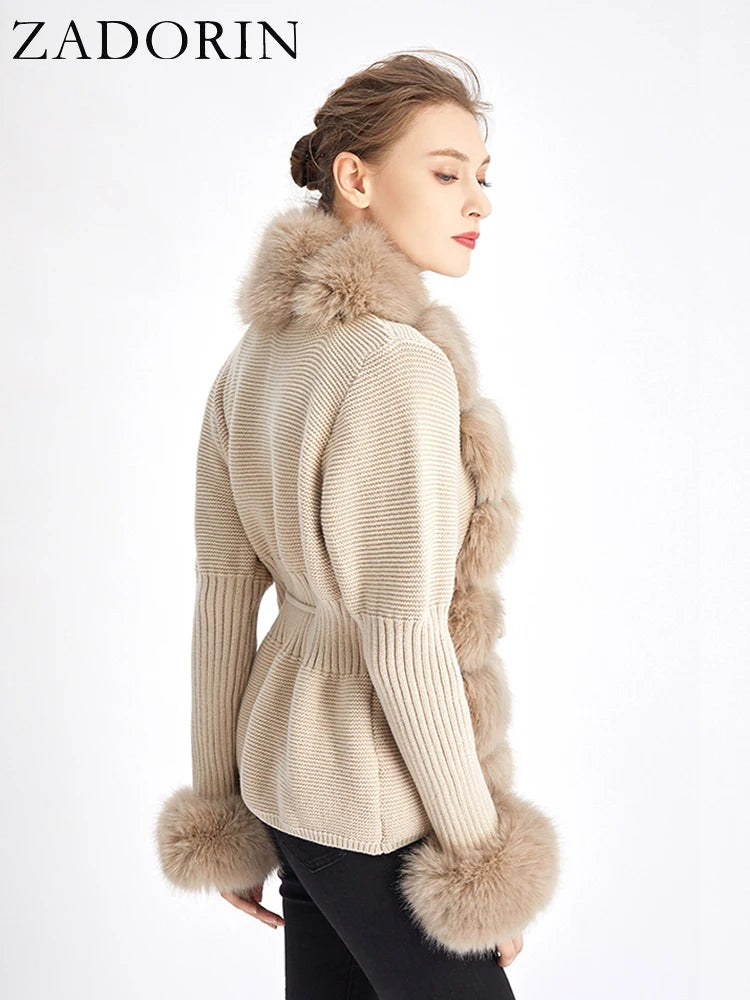 ZADORIN Autumn Winter Women Faux Fur Coat Luxury Knitted Sweater Fur Cardigan Detachable Collar White Pink Jacket Faux Fur Coats