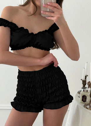 Pigiama da donna HiLoc in raso sexy, completo due pezzi con top corto e pantaloncini a vita elasticizzata con arricciatura, tinta unita, per casa.