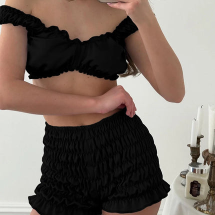 Pigiama da donna HiLoc in raso sexy, completo due pezzi con top corto e pantaloncini a vita elasticizzata con arricciatura, tinta unita, per casa.