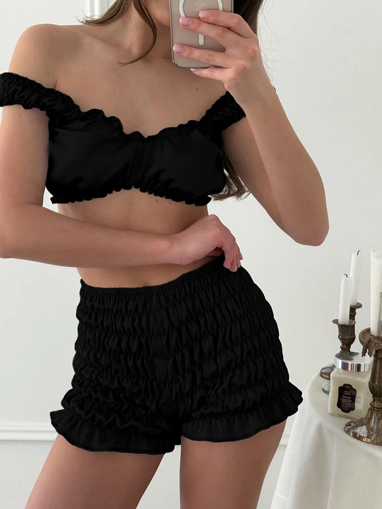 Pigiama da donna HiLoc in raso sexy, completo due pezzi con top corto e pantaloncini a vita elasticizzata con arricciatura, tinta unita, per casa.