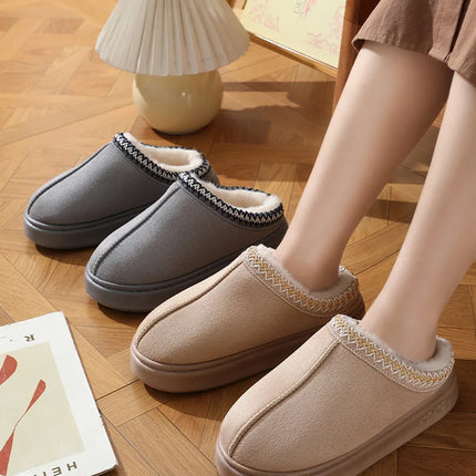 Men's High-End New Solid Color Faux Suede Patchwork Couple's Home Slippers, Thick-Soled, Non-Slip, Lightweight, Warm Cotton Slippers for Women