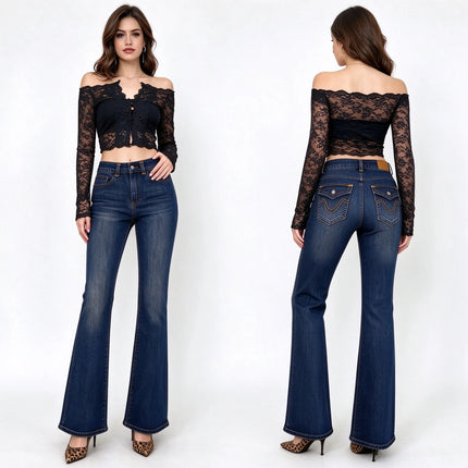 Jeans Women High Waist Bootcut Dark Blue Vintage Wash, Slimming Shaping Stretch Denim for Office and Leisure,Yw-1979