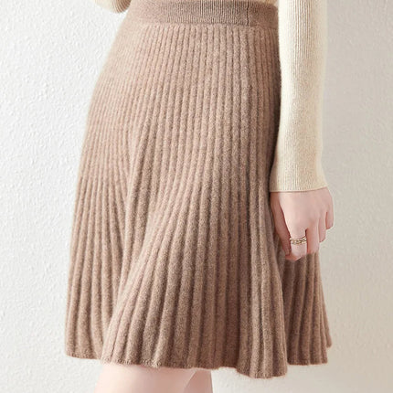 Preppy Style women's 100% Merino Wool Skirts Autumn Winter Pleated Skirt Cashmere Knitwear Short A-Line Above Knee Skirt PlatiNum