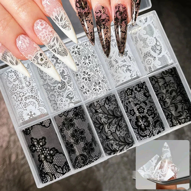 10 Rolls 4x50CM Black White Lace Transfer Nail Sticker Sexy Flower Lace Nail Art Transfer Foils Paper for DIY Manicure Decals*@# 2028