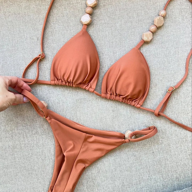 Solid Swimsuit Sexy Halter Triangle Bead String Bikini 2026 New Mini Micro Thong Swimsuit Women Summer Brazilian Bikini Set