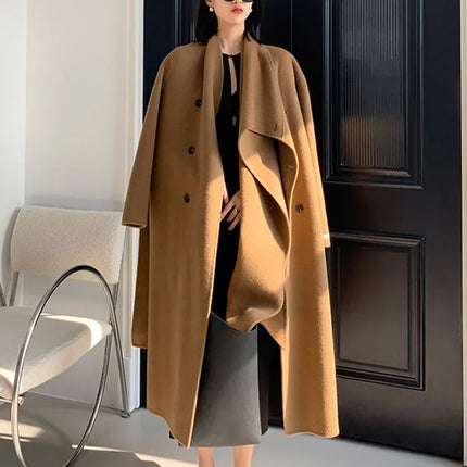 Luxury Hand-sewn Double-sided Cashmere Wool Coat Women New Mid-length Scarf Collar Loose Lace-up Warm Wool Coat Fashion Winter