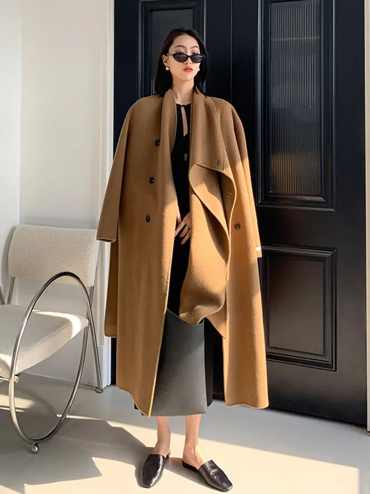 Luxury Hand-sewn Double-sided Cashmere Wool Coat Women New Mid-length Scarf Collar Loose Lace-up Warm Wool Coat Fashion Winter