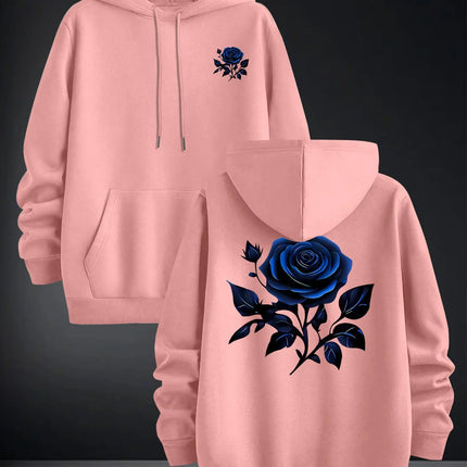 2026 Blue Rose Double Sided Print Hoodie Unisex Long Sleeve Pullover Casual Floral Streetwear Autumn Winter Hooded Sweatshirt