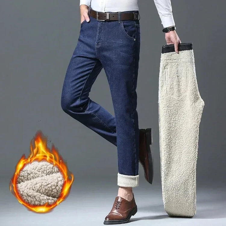 2026 New Plush Lined Business Male Trousers Winter Lamb Fluff Jeans Men Straight Denim Pants Thicken Fleece Warm Stretch Jeansy