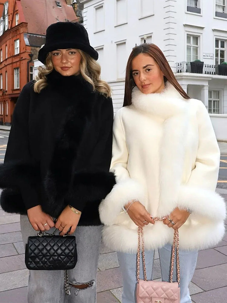 ZADORIN Elegant White Woolen Cape Faux Fur Coat Woman Fur Trim Loose Plush Fur Jacket Woman 2025 Winter Fur Faux Coat Outerwears