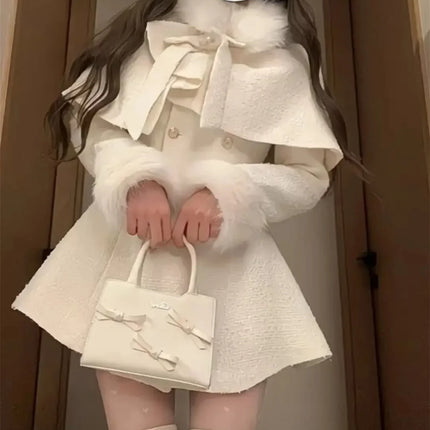 French Elegant Temperament Fur Collar Bow Cape Shawl + Slim Fit Double-breasted Dress 2 Pcs Sets Winter Plush Women Y2k Suits