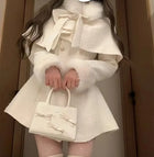 French Elegant Temperament Fur Collar Bow Cape Shawl + Slim Fit Double-breasted Dress 2 Pcs Sets Winter Plush Women Y2k Suits