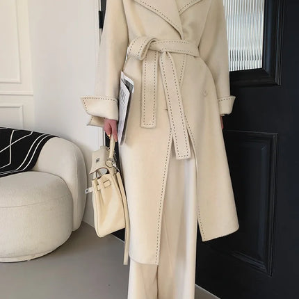New Solid Korean Style Women Wool Coat Arch Needle Large Neck Versatile Fashion Texture Double Sided Trench Coats Female Winter