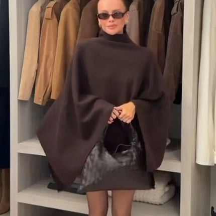 HH Women's New Fashion Versatile Solid Stand Collar Knitted Cape Coat Female Casual High Street Asymmetric 3-Colors Jacket Mujer