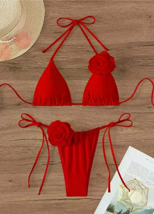 Bikini Sexy con Fiori 3D e Lacci Sulla Schiena, Costume da Bagno Femminile Due Pezzi, Set Bikini, Abbigliamento da Spiaggia, Taglie S-L PlatiNum