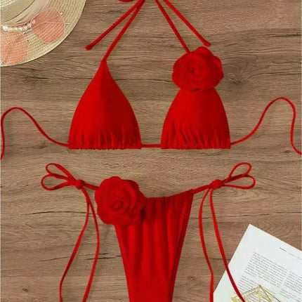 Bikini Sexy con Fiori 3D e Lacci Sulla Schiena, Costume da Bagno Femminile Due Pezzi, Set Bikini, Abbigliamento da Spiaggia, Taglie S-L PlatiNum
