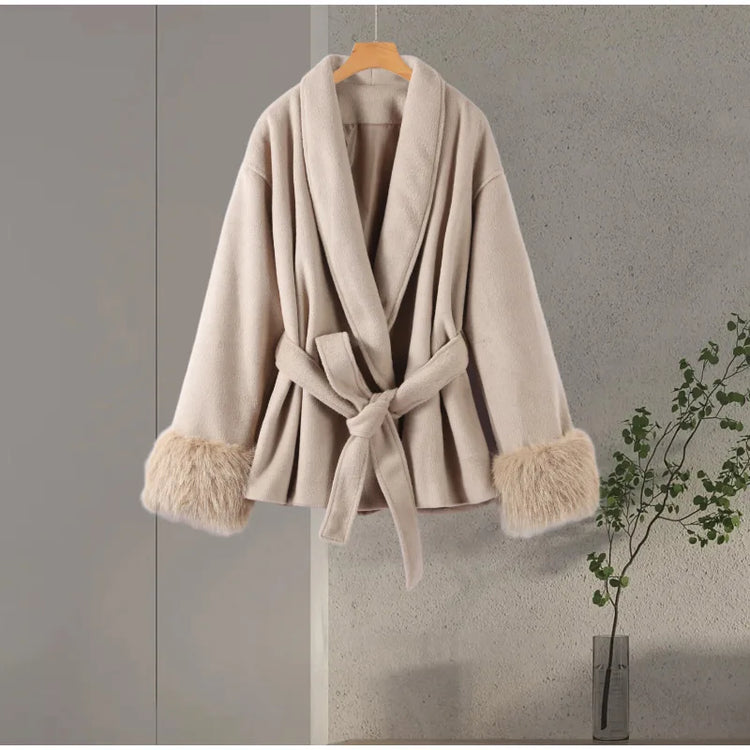 Elegant Women's Lace Up Woolen Coats Solid Full Sleeve Turn-down Collar Loose Lady Coats 2026 Autumn Winter Female Streetwear