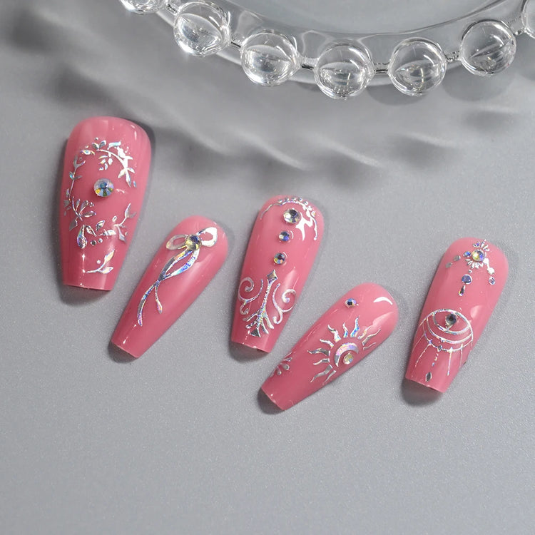 12Pcs 3D Laser Silver Star Ribbon Nail Stickers Y2K Stars Moon Sun Self-Adhesive Slider Exquisite Flower Leaf DIY Manicure Decal