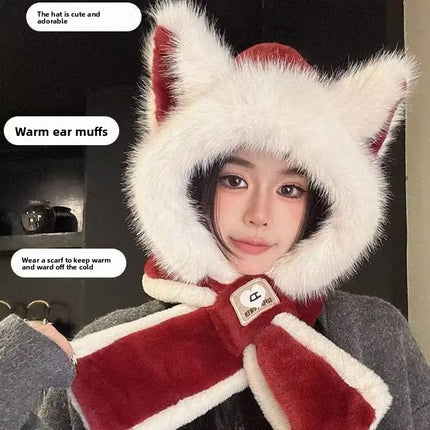 Women's Hat Beanie Balaclava Winter Cap Winter Women's Cute Thickened Fox Plush Hat Scarf Glove Three-in-one Cycling Warmth