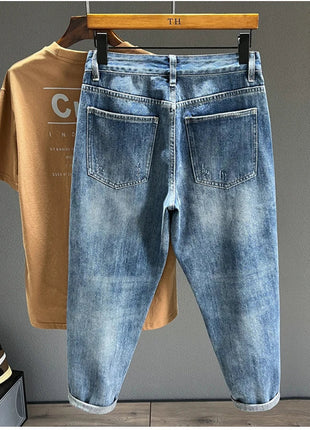 Ripped Jeans Men New Personality Fashion Vintage Blue Streetwear Baggy Denim Pants Casual Tapered Hole Frayed Trousers Male PlatiNum
