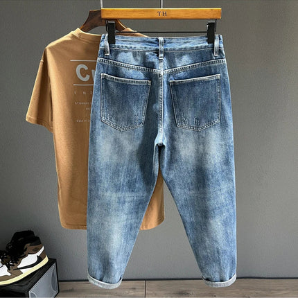Ripped Jeans Men New Personality Fashion Vintage Blue Streetwear Baggy Denim Pants Casual Tapered Hole Frayed Trousers Male PlatiNum