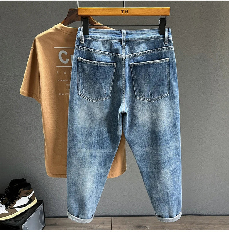 Ripped Jeans Men New Personality Fashion Vintage Blue Streetwear Baggy Denim Pants Casual Tapered Hole Frayed Trousers Male PlatiNum