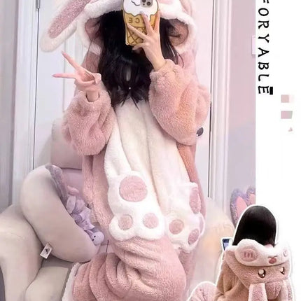 Girls Cartoon Bunny Kigurumi Onesie Pajamas Winter Thick Plush Fleece Hooded Jumpsuit Sleepwear Cute Bow Homewear Loungewear