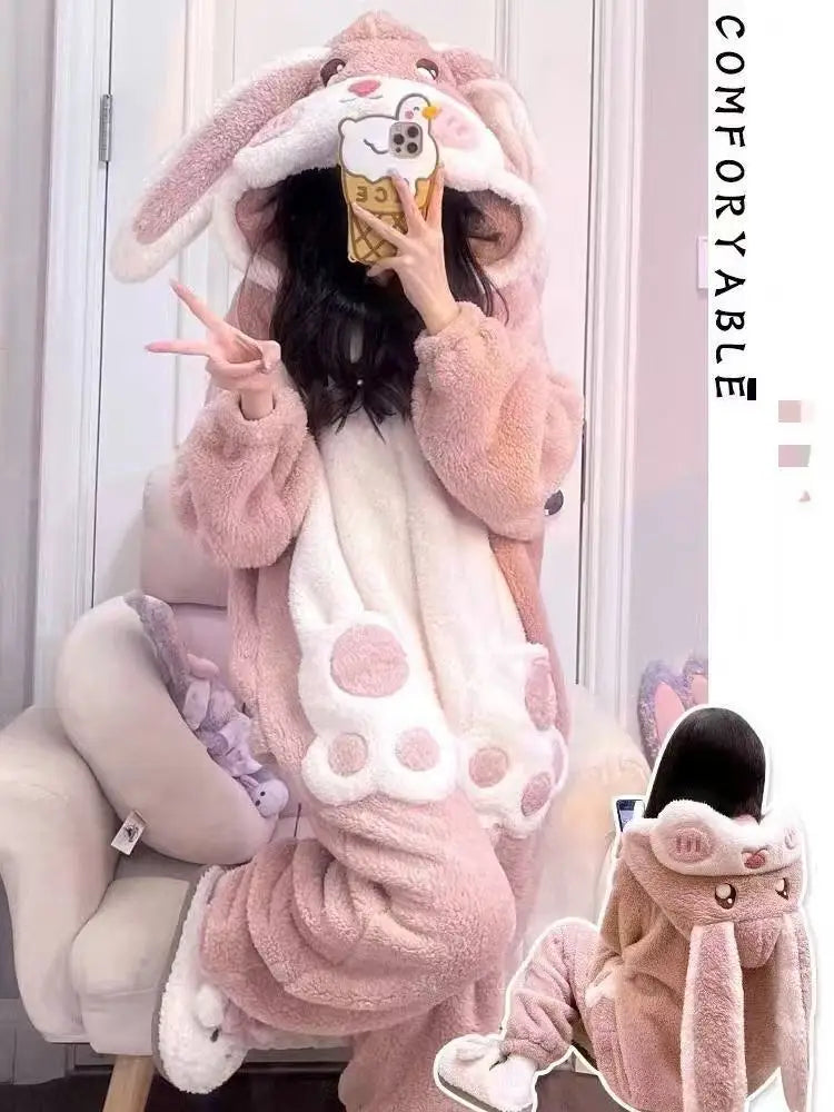 Girls Cartoon Bunny Kigurumi Onesie Pajamas Winter Thick Plush Fleece Hooded Jumpsuit Sleepwear Cute Bow Homewear Loungewear