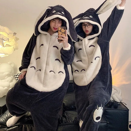 My Neighbor Totoro Winter Couple Matching Pajamas Thick Fluffy Plush Zipper Jumpsuit Cute Loungewear Warm Cozy Home Sleepwear
