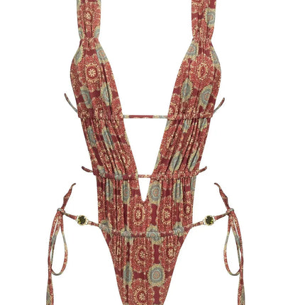2025 Nuove stampe retrò scava fuori costume intero donna sexy costumi da bagno con lacci tropicale estate beachwear costume da bagno tuta platinumshop