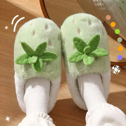 Women's Cotton Slippers Cute Strawberry Furry Fur House Winter Warm Plush Fluffy Slippers Women Chunky Sole Platform GirlsShoes