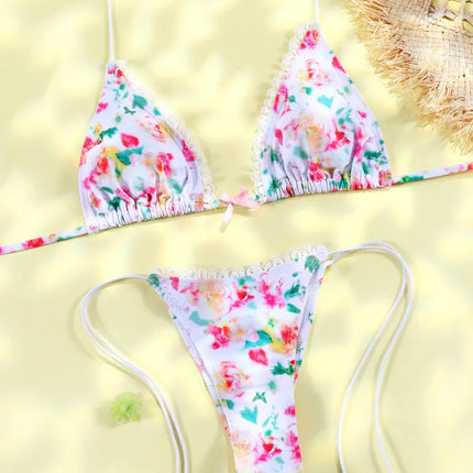Set Bikini Triangolo Sexy Micro Thong, Costume da Bagno Donna, Biquini con Lacci, Abbigliamento da Spiaggia Stampato, Bikini Thong platinumshop