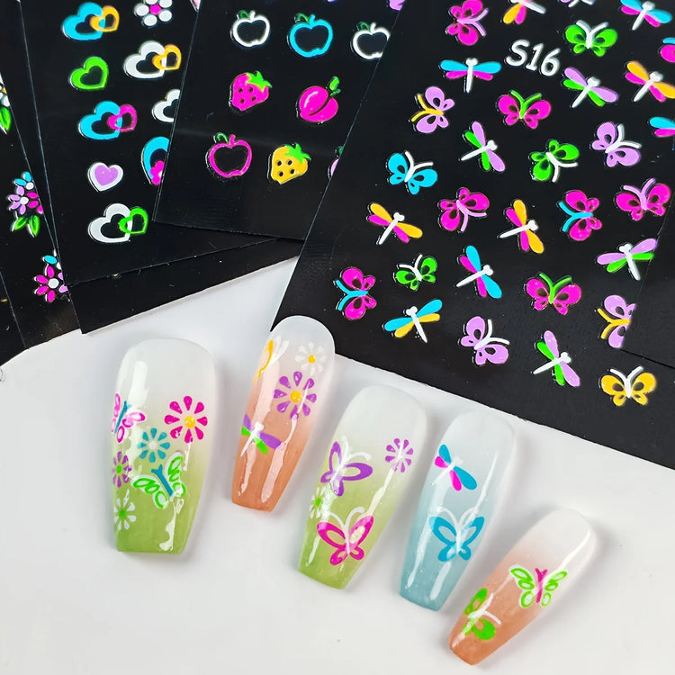 30 Sheets 3D Glow in The Dark Neon Nail Stickers - Glittery Glossy Self-Adhesive Nail Art Decorations with Butterfly, Love Heart