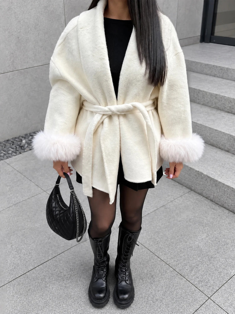 Tossy Fox Fur Wool Overcoat Women's Short Coat Office Lady Elegant Double-sided Woolen Coat 2025 New Cardigan Jackets Loose Wool